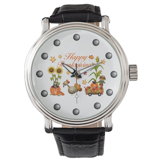 Happy Thanksgiving Autumn Leaves Pumpkin & Turkey Watch (Front)