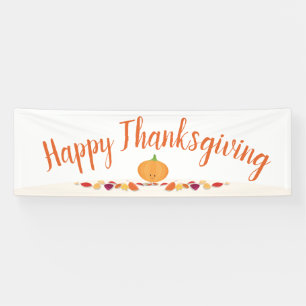 Happy Thanksgiving Autumn Leaves Pumpkin White Banner