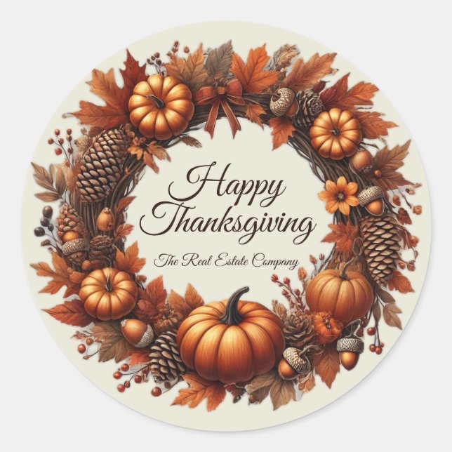 Happy Thanksgiving Autumn Leaves Wreath Company Classic Round Sticker (Front)