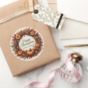 Happy Thanksgiving Autumn Leaves Wreath Company Classic Round Sticker