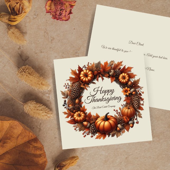 Happy Thanksgiving Autumn Leaves Wreath Company Holiday Card (Creator Uploaded)