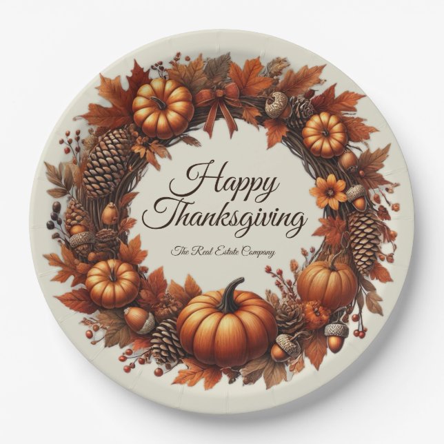 Happy Thanksgiving Autumn Leaves Wreath Company Paper Plate (Front)