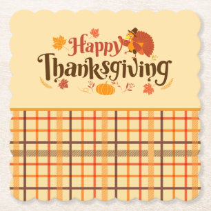 Happy Thanksgiving Autumn Plaid  Paper Coaster