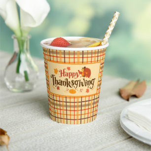 Happy Thanksgiving Autumn Plaid Paper Cups