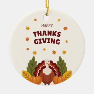Happy Thanksgiving Autumn, Pumpkin & Turkey Ceramic Ornament