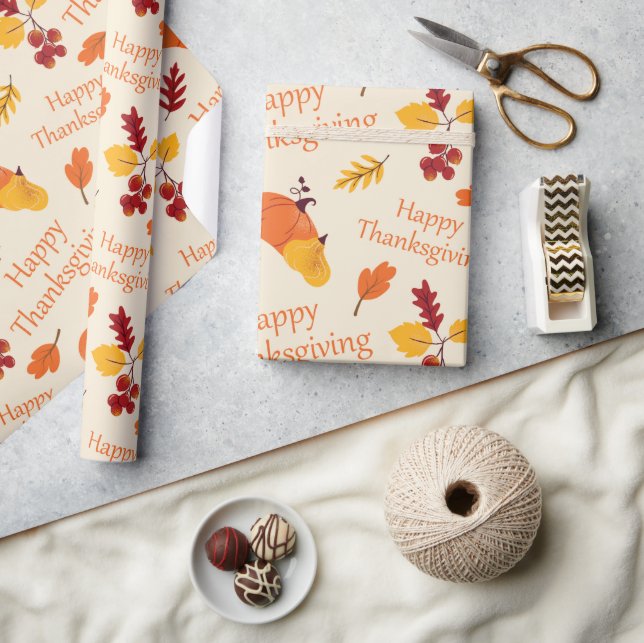 Happy Thanksgiving Autumn Pumpkins and Leaves Gift Wrapping Paper (Crafts)