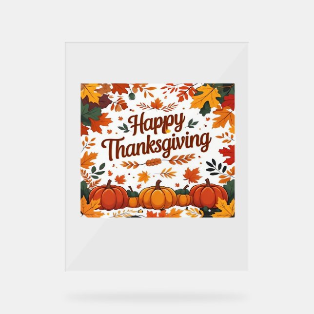 Happy Thanksgiving – Autumn Pumpkins & Fall Leaves Acrylic Sign (Front)