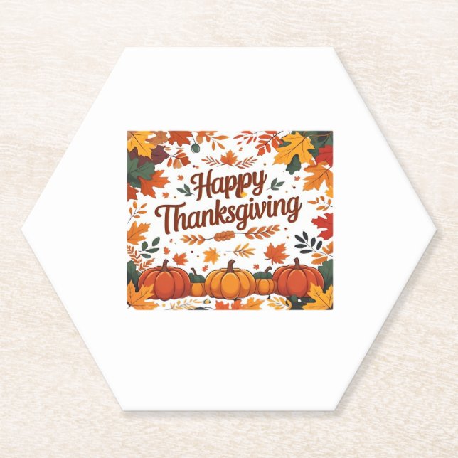 Happy Thanksgiving – Autumn Pumpkins & Fall Leaves Paper Coaster (Front)