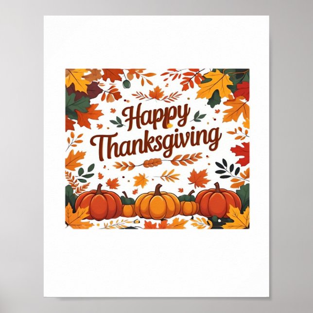 Happy Thanksgiving – Autumn Pumpkins & Fall Leaves Poster (Front)