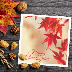 Happy Thanksgiving Autumn Red Maple Leaves Napkin