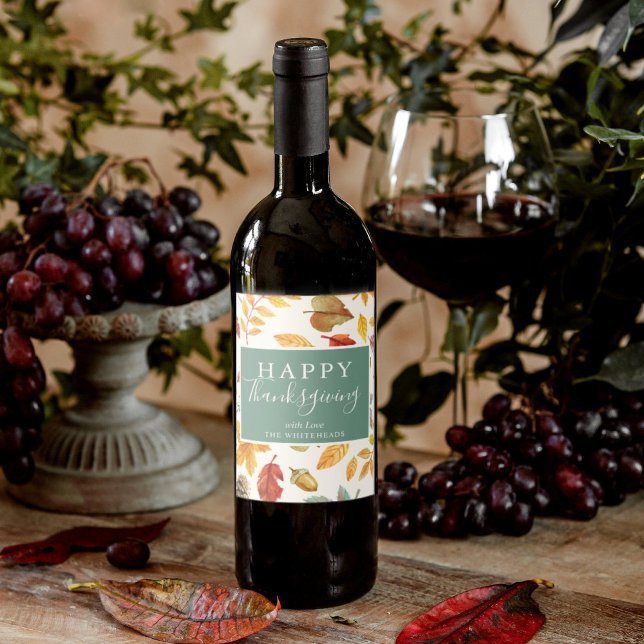 Happy Thanksgiving Autumn Watercolor Pattern Wine Label (Happy Thanksgiving wine label with a fall leaf pattern in the background perfect for your feast.)