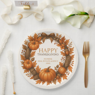 Happy Thanksgiving Autumn Wreath Corporate Paper Plate
