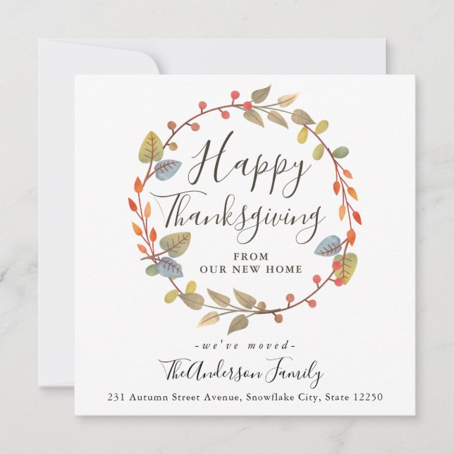 Happy Thanksgiving Autumn Wreath Holiday Moving Announcement (Front)