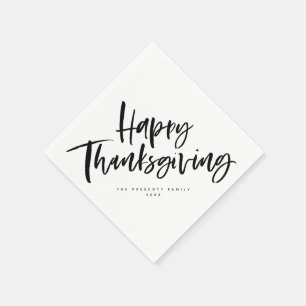 Happy Thanksgiving black and white brush script Napkin