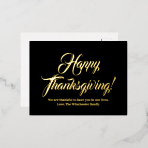 Happy Thanksgiving black custom script elegant Foil Holiday Postcard