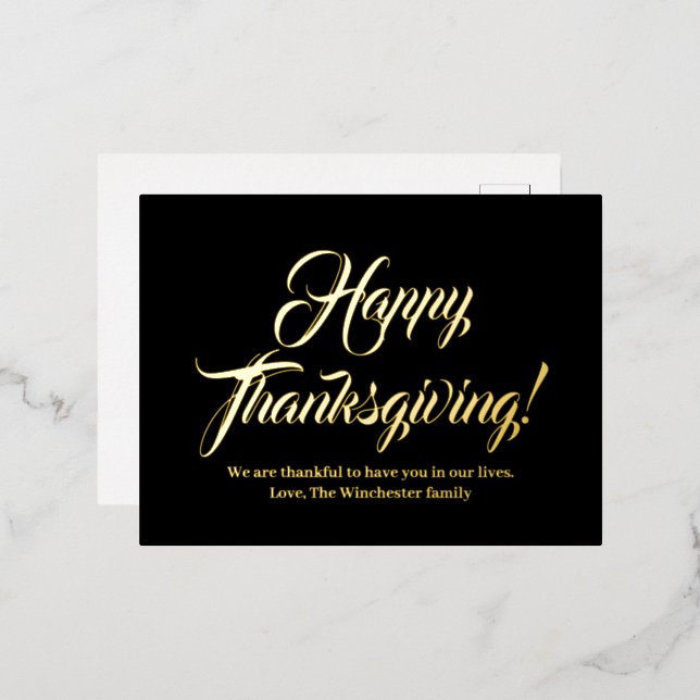 Happy Thanksgiving black custom script elegant Foil Holiday Postcard (Front/Back)