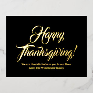 Happy Thanksgiving black custom script elegant Foil Holiday Postcard