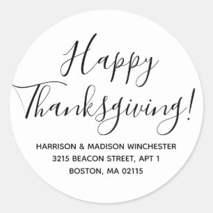 Happy Thanksgiving black white return address Classic Round Sticker