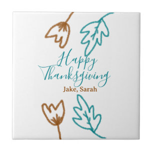 Happy Thanksgiving blue brown fall leaves flower h Ceramic Tile