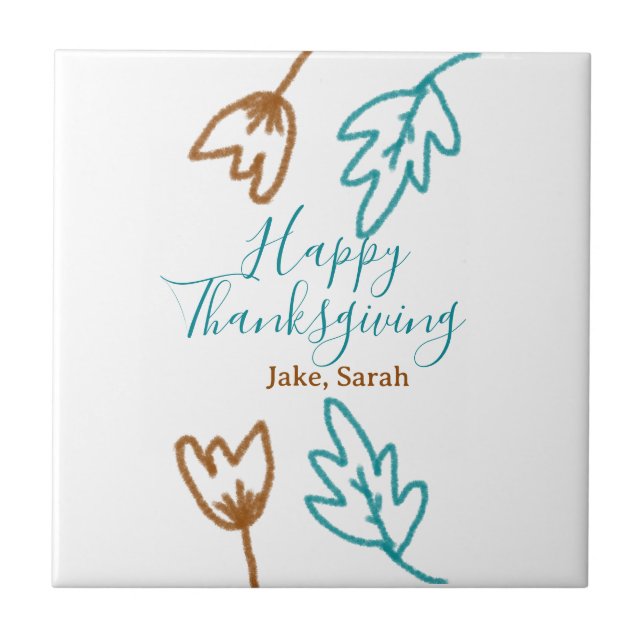 Happy Thanksgiving blue brown fall leaves flower h Ceramic Tile (Front)
