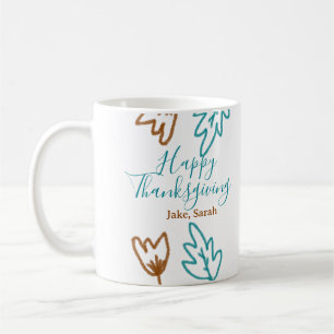 Happy Thanksgiving blue brown fall leaves flower h Coffee Mug