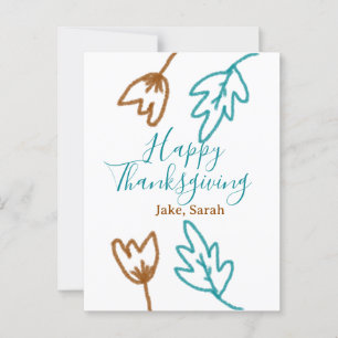 Happy Thanksgiving blue brown fall leaves flower h Postcard