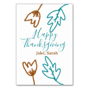 Happy Thanksgiving blue brown fall leaves flower h Table Number