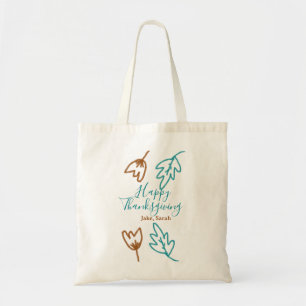 Happy Thanksgiving blue brown fall leaves flower h Tote Bag