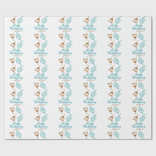 Happy Thanksgiving blue brown fall leaves flower h Wrapping Paper