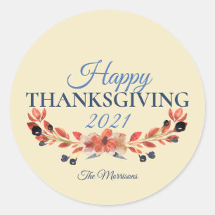 Happy Thanksgiving Blue Brown Floral Watercolor  Classic Round Sticker