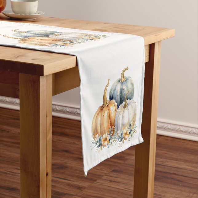 Happy Thanksgiving Blue Orange Gold Pumpkins Short Table Runner (In Situ)