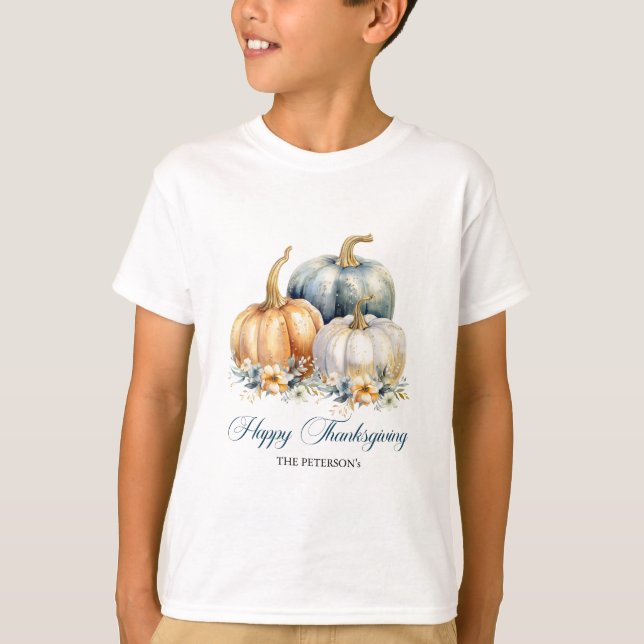 Happy Thanksgiving Blue Orange Gold Pumpkins T-Shirt (Front)