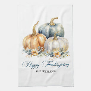 Happy Thanksgiving Blue Orange Gold Pumpkins Tea Towel