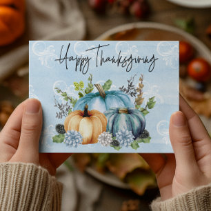 Happy Thanksgiving Blue Watercolor Pumpkin Postcard