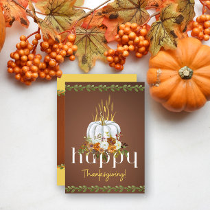 Happy Thanksgiving Boho Floral Pumpkin Brown Flat Holiday Card