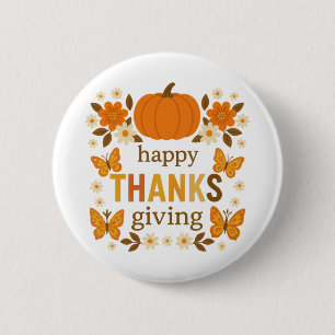 Happy Thanksgiving Boho Floral Pumpkin Butterfly 6 Cm Round Badge