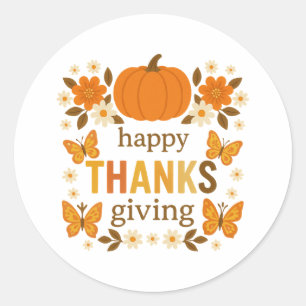 Happy Thanksgiving Boho Floral Pumpkin Butterfly Classic Round Sticker