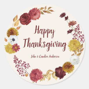 Happy Thanksgiving Burgundy Gold Floral Wreath Classic Round Sticker