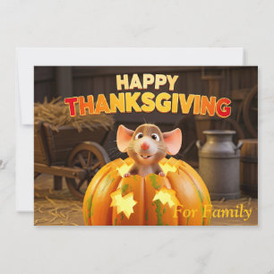 Happy Thanksgiving Cartoon Rat in Pumpkin Holiday Card