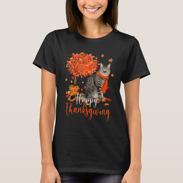 Happy Thanksgiving Cat And Autumn Tree Cat T-Shirt (Front)