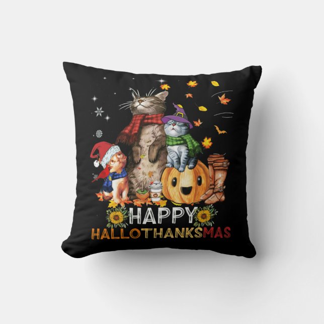 Happy Thanksgiving Cat Happy Hallothanksmas Cats Cushion (Front)