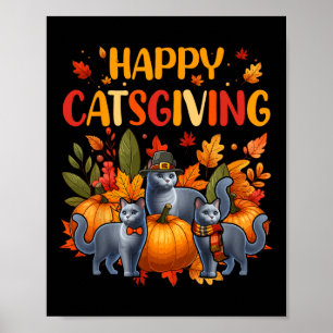 Happy Thanksgiving Cat Three Cute Russian Blue Cat Poster