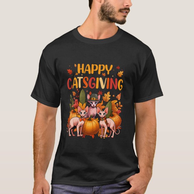 Happy Thanksgiving Cat Three Cute Sphynx Cats Owne T-Shirt (Front)