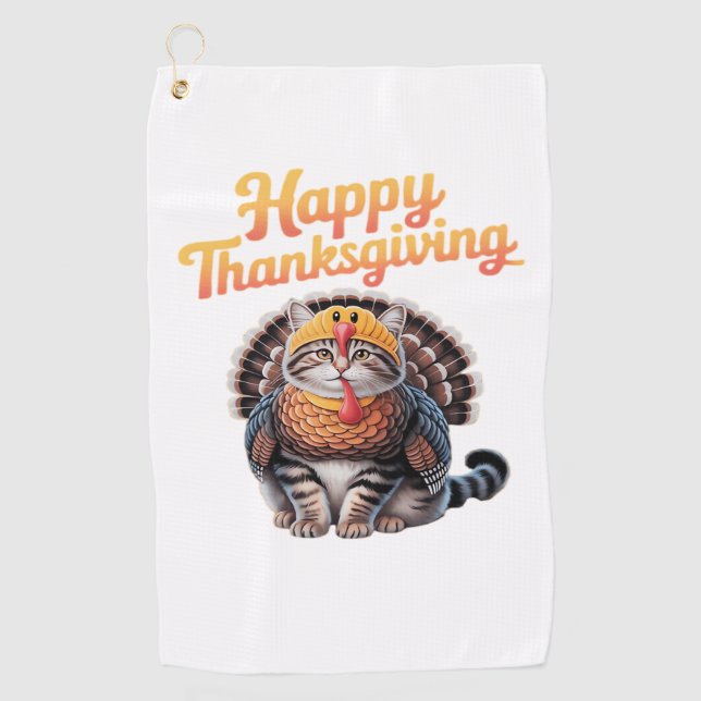 Happy Thanksgiving Cat Turkey Day Fall Classic T-S Golf Towel (Front)