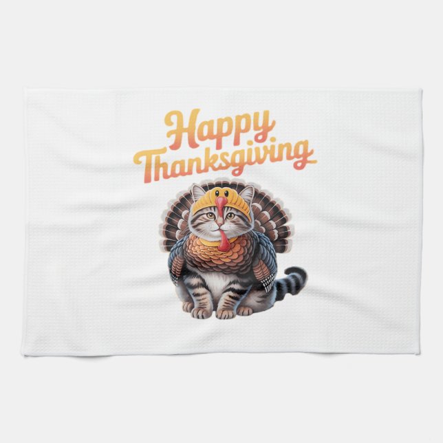Happy Thanksgiving Cat Turkey Day Fall Classic T-S Tea Towel (Horizontal)