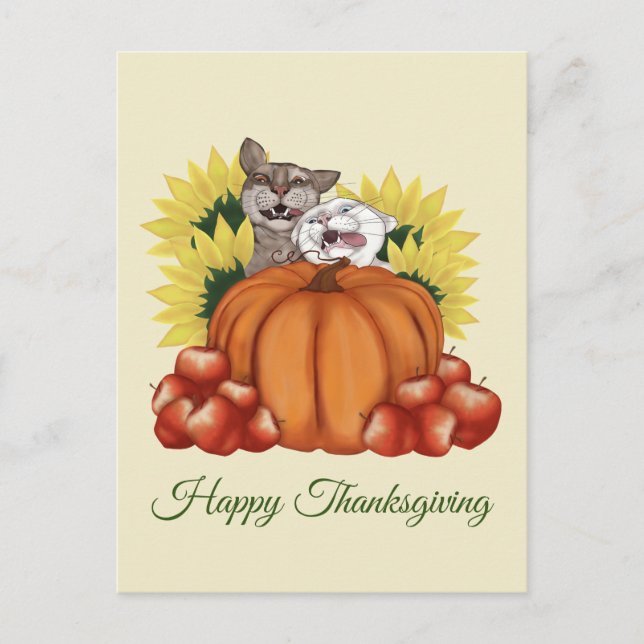 Happy Thanksgiving Cats with Pumpkin and Sunflower Postcard (Front)