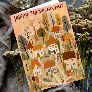 Happy Thanksgiving Charming Autumn Village Fall Card