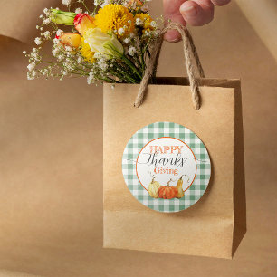 Happy Thanksgiving Chequered Tablecloth Pumpkins Classic Round Sticker