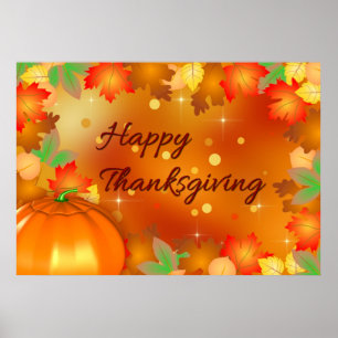 Happy Thanksgiving Colourful Autumn Leaves Poster