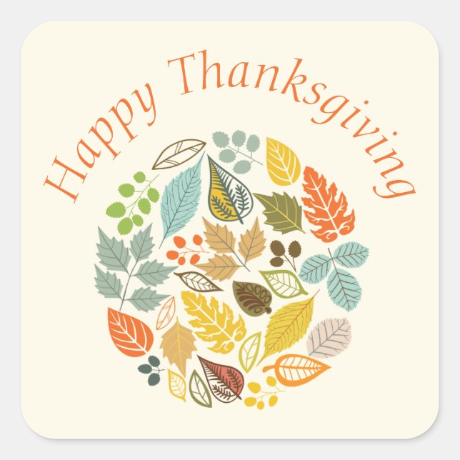 Happy Thanksgiving Colourful Leaves Pastel Square Sticker (Front)